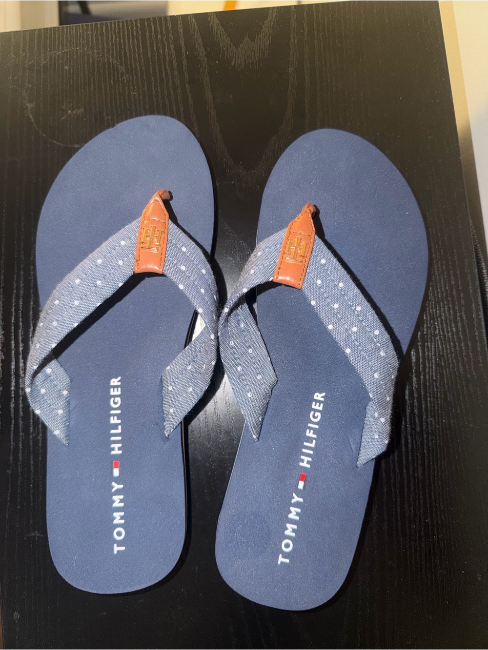 Tommy Hilfiger Navy Blue Flip Flop Sandals with Tan Accents